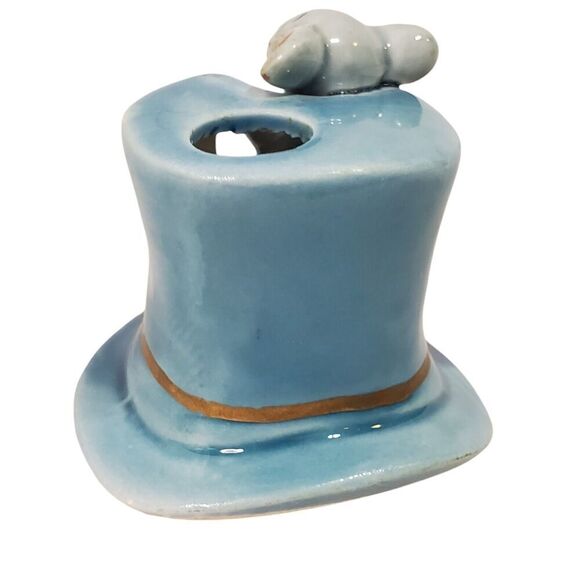 Vintage Mouse in Top Hat Toothpick Holder Figurine Japan Ceramic Kitsch Blue 2" - Picture 5 of 5